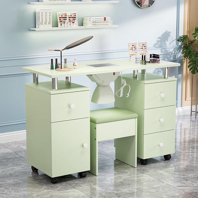OmySalon Nail Desk and Chair Set, Manicure Table with Dust Collector, Arm Rest, 8 Wheels, Acetone Resistant Desktop, Drawers & Cabinet Storage for Makeup Beauty Salon (Mint Green)