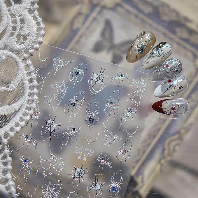 1 Sheets Halloween Nail Stickers for Nail Art Metal Spider Nail Art Stickers Silver Spiders Web with Rhinestones Design Horror Gothic Nail Decals Manicure Decoration for Women Acrylic Nail Supplies
