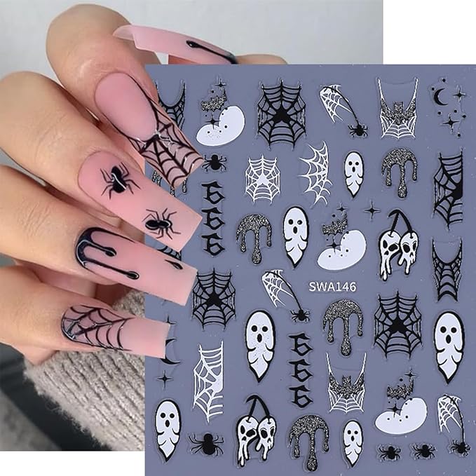 8 Sheets Halloween Nail Stickers Decals Gold Gloss Bat Nail Art Stickers Goth Nail Design Stickers Self-Adhesive Spider Web Spider Skeleton Nails Accessories for Women Nails Art Decorations Supplies