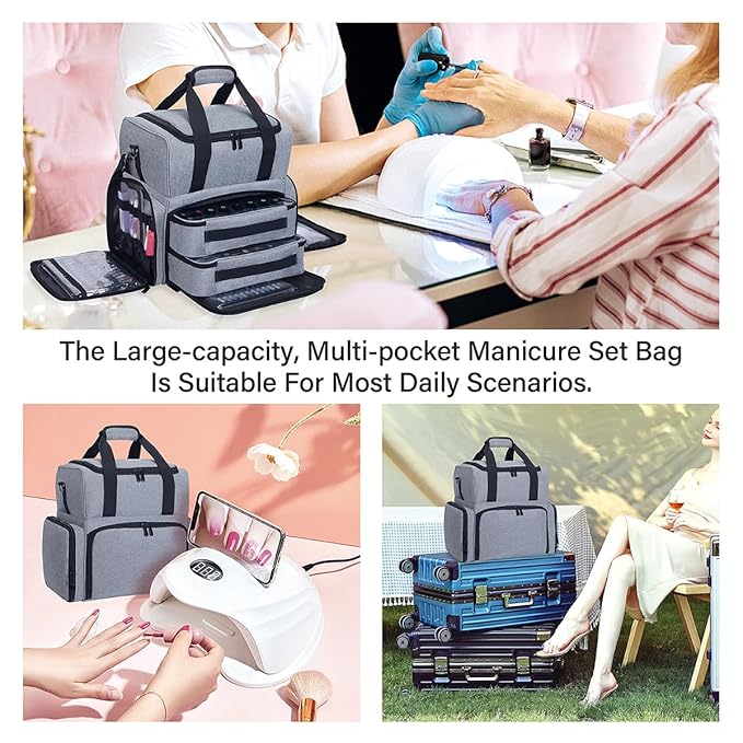 Nail Polish Organizer Holds 80 Bottles & Nail Art Lamp, Portable Large Capacity Storage with 2 Removable Storage Bags Store Nail Art Tools, Suitable for Manicurists and Manicure Enthusiasts(Grey)