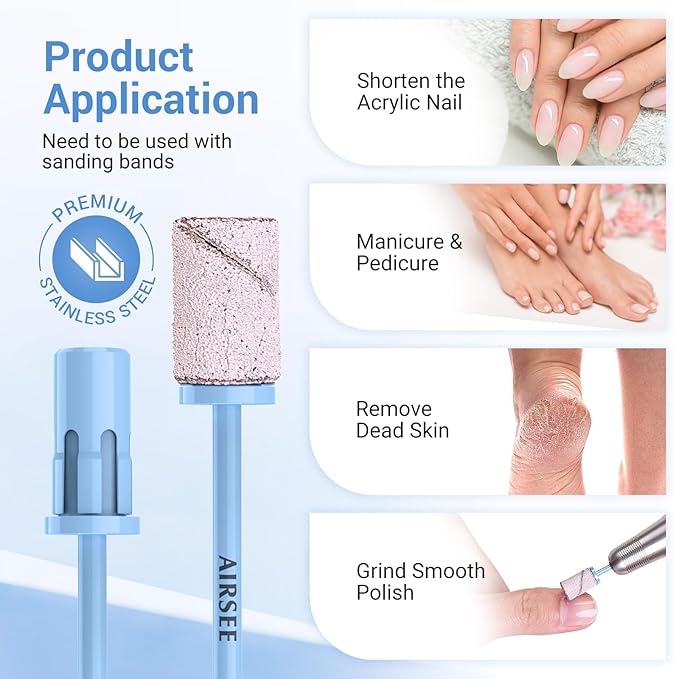AIRSEE Nail Drill Mandrel Bit for Efile Sanding Bands, Stainless Steel Professional Electric File Head for Clean Cuticle Removing, Acrylic Tip Dead Skin Sander Remover Manicure Safety (Tranquil Blue)