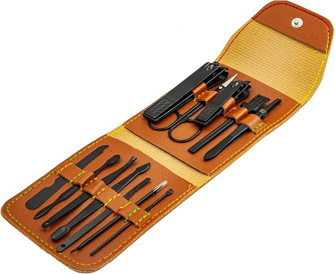 Nail Clipper Set, 12PCS Manicure Set Fingernail Clippers Kit Black Stainless Steel Pedicure and Manicure Kit with Brown PU Leather Case