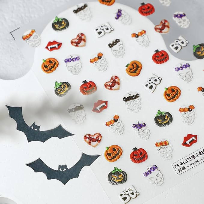 Halloween Nail Stickers for Nail Art - Skull Nail Art Sticker Halloween Pumpkin Skull 5D Embossed Nail Decals Self-Adhesive Nails Supply Manicure Stickers for Nails Decoration