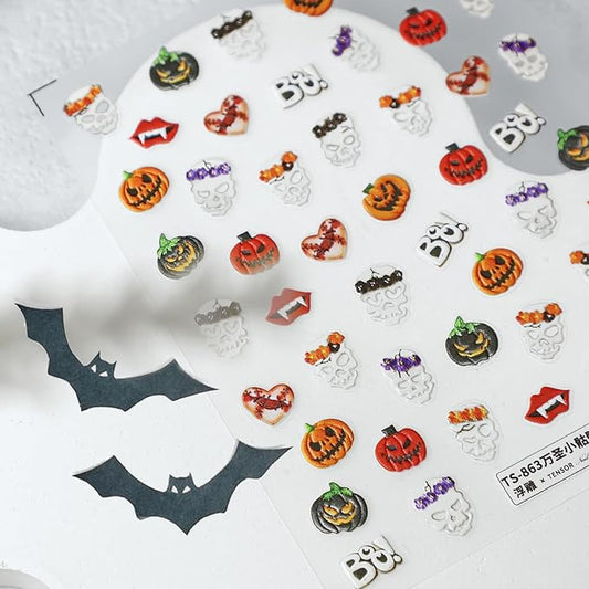 Halloween Nail Stickers for Nail Art - Skull Nail Art Sticker Halloween Pumpkin Skull 5D Embossed Nail Decals Self-Adhesive Nails Supply Manicure Stickers for Nails Decoration