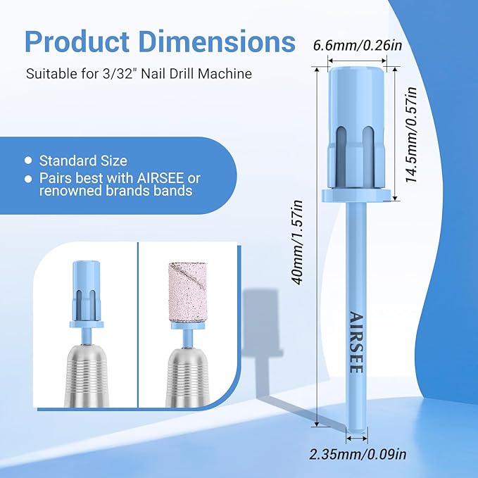 AIRSEE Nail Drill Mandrel Bit for Efile Sanding Bands, Stainless Steel Professional Electric File Head for Clean Cuticle Removing, Acrylic Tip Dead Skin Sander Remover Manicure Safety (Tranquil Blue)