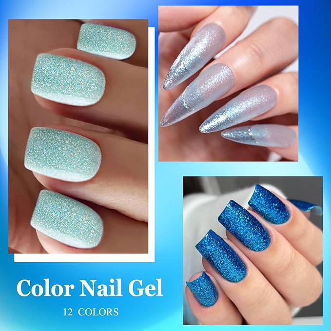 MEET ACROSS 12PCS Gel Nail Polish Set, 12 Colors Gel Nail Kit Art Design Soak Off UV LED,Nail Art Design Gifts for Women (Blue, 12PCS)