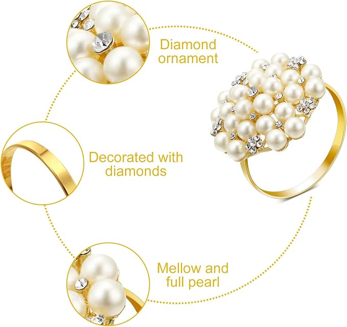 Hotop 72 Pcs Gold Napkin Rings Pearls and Flower Napkin Buckles Rhinestone - Image 6