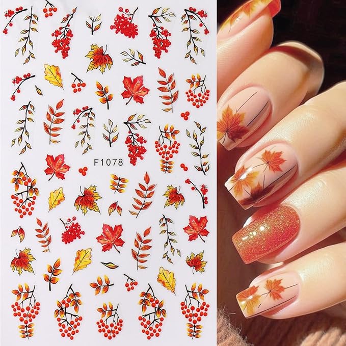 Fall Nail Art Stickers Decal 3D Maple Leaf Elk Pumpkin Self-Adhesive Nail Decals Thanksgiving Nail Stickers for Women DIY Manicure Autumn Party Nail Decorations Supply 6 Sheets