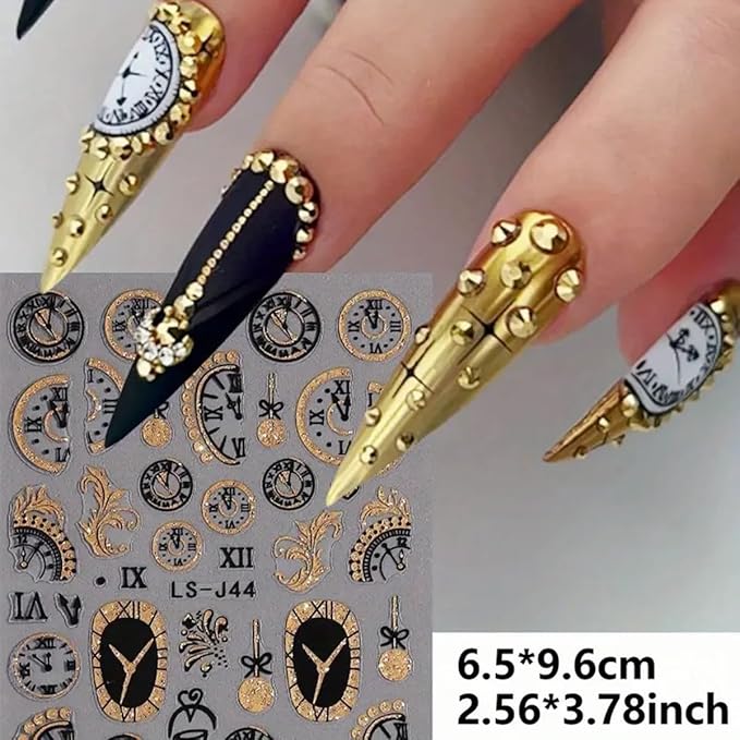 Christmas Nail Art Stickers Gold Glitter Clock Butterfly Xmas Nail Decals 6PCS Shiny Clock Crystal Ball Deer Penguins Design Self-Adhesive Christmas Nail Stickers for Women Holiday Nail Art Decoration