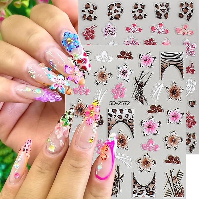 6Sheets Leopard Print Nail Art Stickers 5D Embossed Colorful Lily Flower Nail Decals Self-Adhesive Leopard Print French Tip Nail Sticker Cute Floral Decal for Women Manicure Decoration Accessories