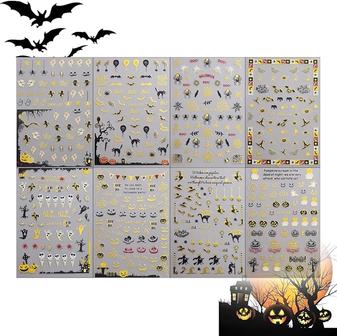 Halloween Nail Art Stickers, Ghost Nail Decals 3D Self-Adhesive Horror Ghost Skull Spider Web Bat Pumpkin Glitter Nail Design 8PCS Halloween Nail Art Supplies for Women Decoration