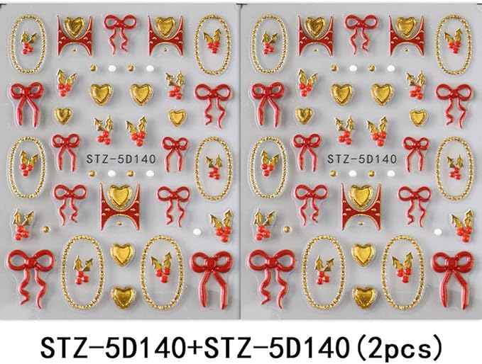 Christmas Nail Art Stickers Decals 5D Embossed Bow Nail Stickers 2PCS Red Gold Bow Heart Gold Circle Cherry Xmas Nails Design Self-Adhesive Nail Decals Manicure Supply for Women DIY Nail Art
