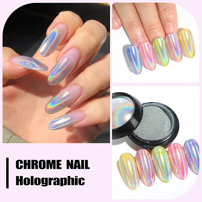 Unicorn Chrome Nail Powder and Holographic Nail Powder Nail Chrome Powder Set, Mermaid Aurora Chrome Nail Powder White Mermaid Chrome Pearl Nail Powder