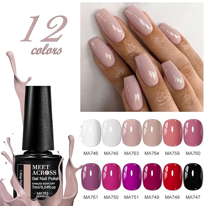 MEET ACROSS One Step Gel Nail Polish Set 12 Colors Nude Purple Red Black White Gel Polish Set Soak Off LED Starter Kit Nail Art DIY Manicure Gifts