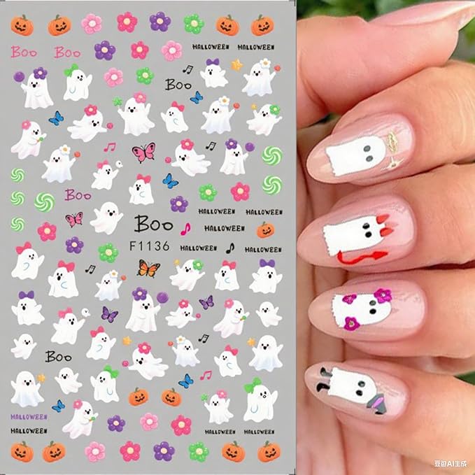 6Pcs Halloween Nail Stickers Cat Ghost Nail Decals DIY Self Adhesive Cute Cartoon Pumpkin Flower Butterfly Nail Design Supplies Halloween Nail Decoration for Women Girls Holiday Manicure Accessories