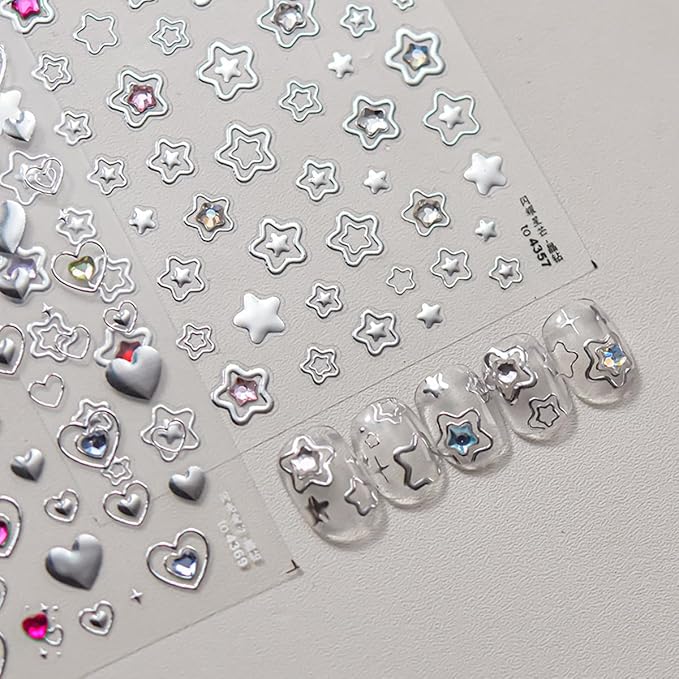Star Nail Art Stickers Decals Shiny Silver Star 5D Embossed Nail Decals with Crystal, 1PCS Hollowed Stars Self-Adhesive Nails Design Manicure Sliders Y2K Nail Art Supplies for Women DIY Decorations
