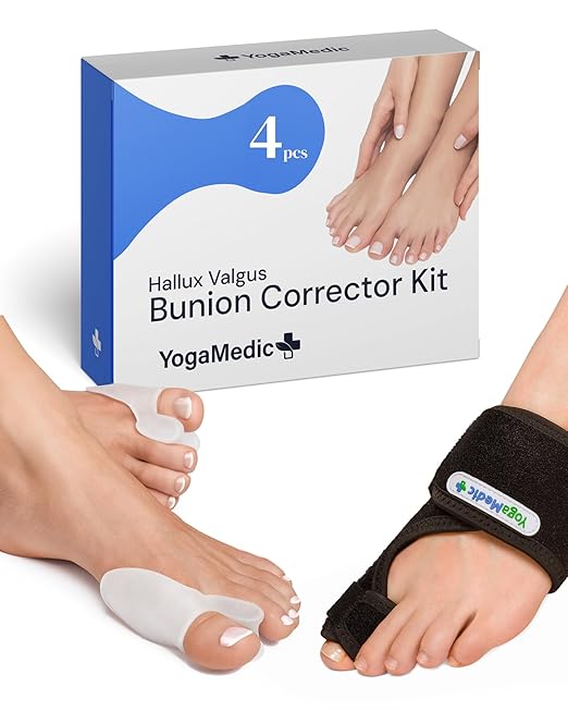 YOGAMEDIC Bunion Corrector for Women - 2 Splints & 2 Silicone Spacers - Adjustable Day & Night Wear - Toe Separators for Men for Bunion Relief