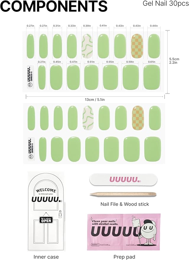 UUUUUU Semi Cured Gel Nail Strips | Salon-Quality | UV Free Gel Nail Wraps for Women | Easy Peel&Stick | Long-Lasting up to 14 Days | 28 Strips Set+File & Wipes | Gift-Ready (UGN059 Green Bikini)