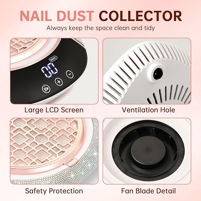 Cordless Nail Dust Collector,Portable Dust Collector Nail Tech with LED Display,Rechargeable Dust Suction Machine with Reusable Fillter for Acrylic Gel Polish,Salon & Home