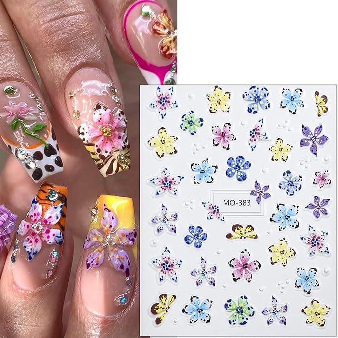 3 Sheets Embossed Flower Nail Stickers for Art - Colorful Floral 5D Self-Adhesive Autumn Flowers Decoration Supplies - Leopard Designs Decals for Women Girls
