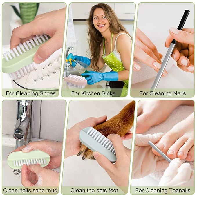 4PCS Nail Brush Long Toe Nail File Set - 3Pcs Two Sided Nail Scrubber Brushes for Cleaning Fingernails and 1Pcs Stainless Steel Long Toe Nail File for Thick Nails, Efficient Nail Care Tool