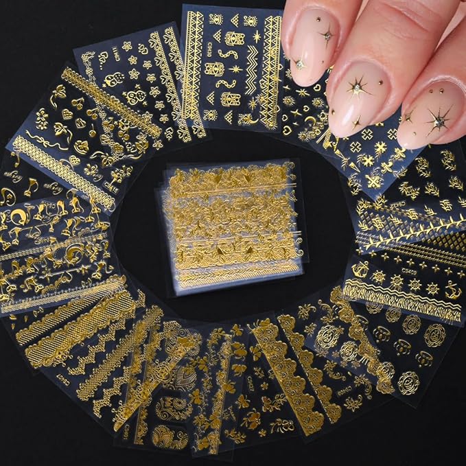 30 Sheets Gold Nail Art Stickers 3D Self-Adhesive Gold Lace Cat Flower Star Moon Heart Nail Decals 3D Gold Retro Hollow Nail Stickers Nail Art Design for Women DIY Acrylic Nails Decoration