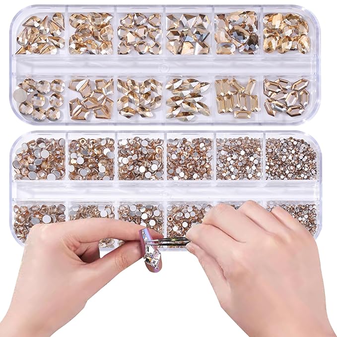 3120 Champagne Diamond Nail Rhinestones, HOINCO Crystal Nail Rhinestones, 3D Mixed Size Crystal AB Flat Bottom Gemstone for Nail Art DIY Craft Decoration with Crayon Tweezers