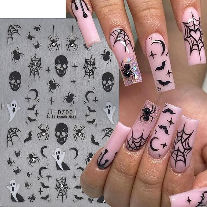 Halloween Nail Stickers for Nail Art Kit - 6Sheets Cute Ghost Nail Decals 3D Self-Adhesive Horror Skull Spider Web Bat Pumpkin Star Moon Designs DIY Nail Art Tips Nail Supplies for Halloween Party