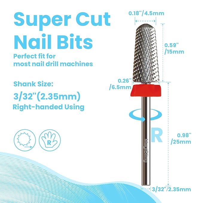 Super Cut Tapered Barrel 3/32'' Safety Tungsten Nail Drill Bits, Remove Gel Fast, Right handed, Suitable for Manicure Pedicure Cuticle Gel Polishing, Technicians Bits, Grit: Fine.