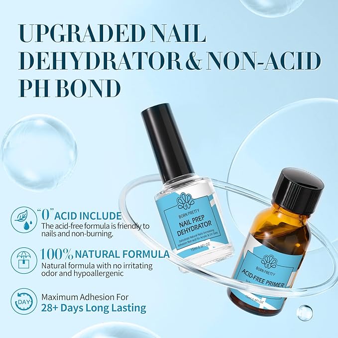 Born Pretty Nail Dehydrate and Primer, 15ml HEMA&TPO Free Dehydrator for Acrylic and Gel Nail Polish, Non Acid Primer for U V Gels, No Burn Fast Air Dry Nail Prep Dehydrator Set, 0.5oz