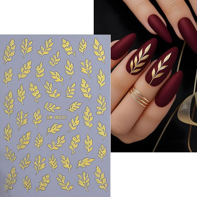 Fall Maple Leaves Nail Art Stickers for Thanksgiving, Gold Maple Leaves Nail Decals 3D Self-Adhesive with Gold Flowers Leaf Design 4Pcs Fall Glitter Nail Art Supplies for Women Nail Decoration