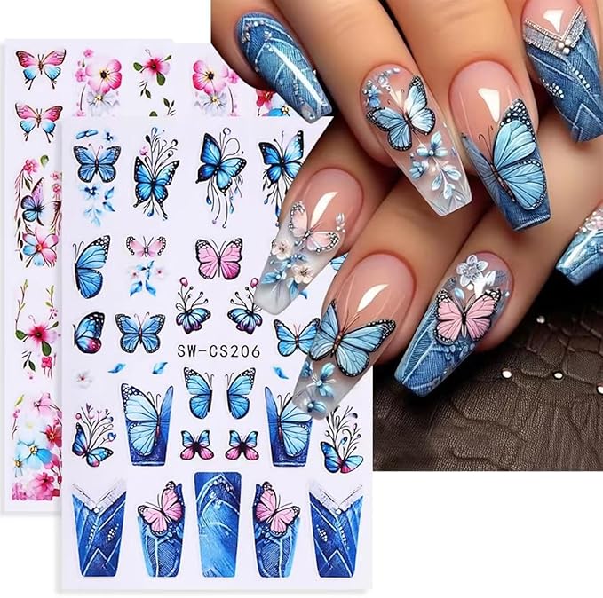 6Pcs Butterfly Nail Stickers for Nail Art Spring Flower Nail Decals French Tip Nail Art Stickers Retro Blue Pink Butterflies Floral Nail Design Supplies Cute Nail Decoration for Acrylic Nails Charm