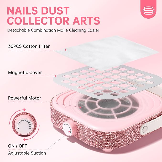 Nail Dust Collector, Bling Crystal Diamond Compact 6000RPM Powerful Vacuum Fan Vent Dust Collector Extractor Dust Suction Machine for Acrylic Nails Polishing, Fast Charging
