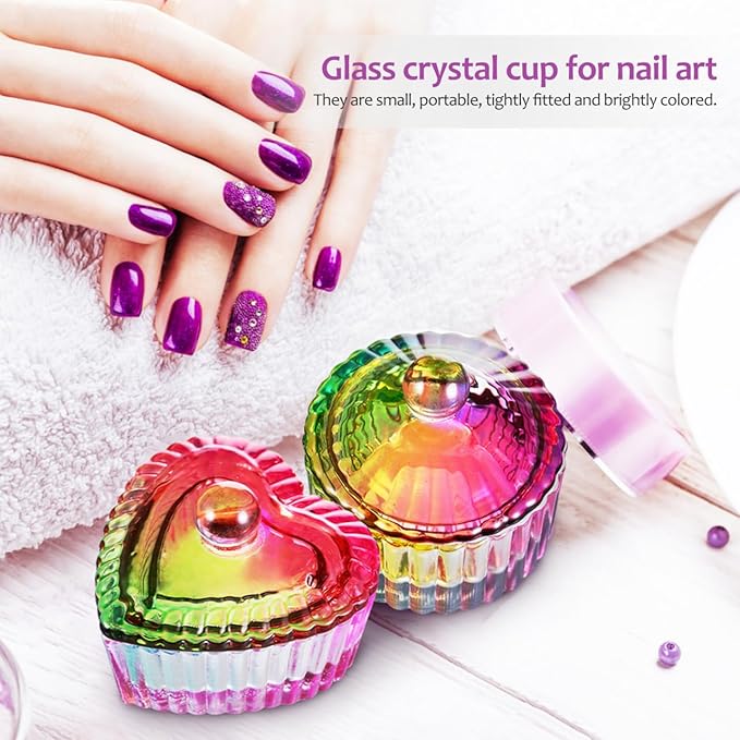 Dappen Dish Vibrant Color Round/Heart Shaped Dishes Set of 2 Glass Dish Bowls with Lids Nail Art Storage for Liquids Nail Tech must Haves