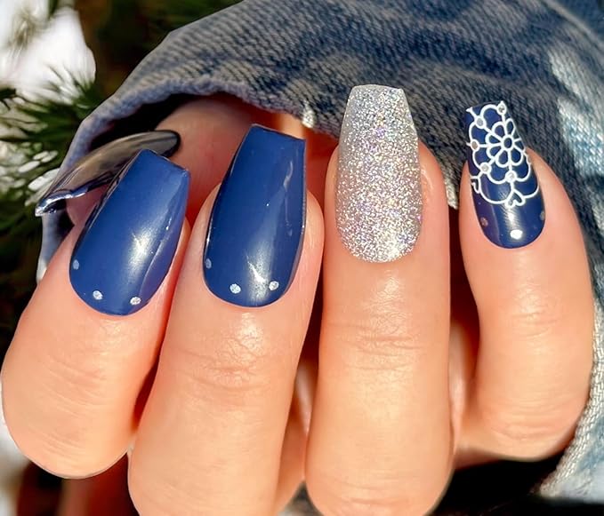 | 20 Exquisite Gel Nail Polish Strips w/Application Accessories - No UV/LED Lamp Required (Navy Elegance)