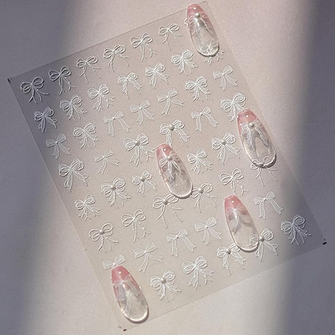 1 Sheets 5D Embossed White Lace Bow Nail Art Stickers Decals Self-Adhesive White Bow Knot Design Nail Stickers Bow Pearl Nail Art Supplies Cute Bow Nail Decals for Women Girl Manicure Decoration