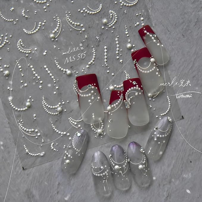 5D Embossed White Pearl Nail Stickers for Nail Art French Tip Nail Art Stickers Self Adhesive White Line Nails Decals Cute Nails Art Supplies for Women Girls