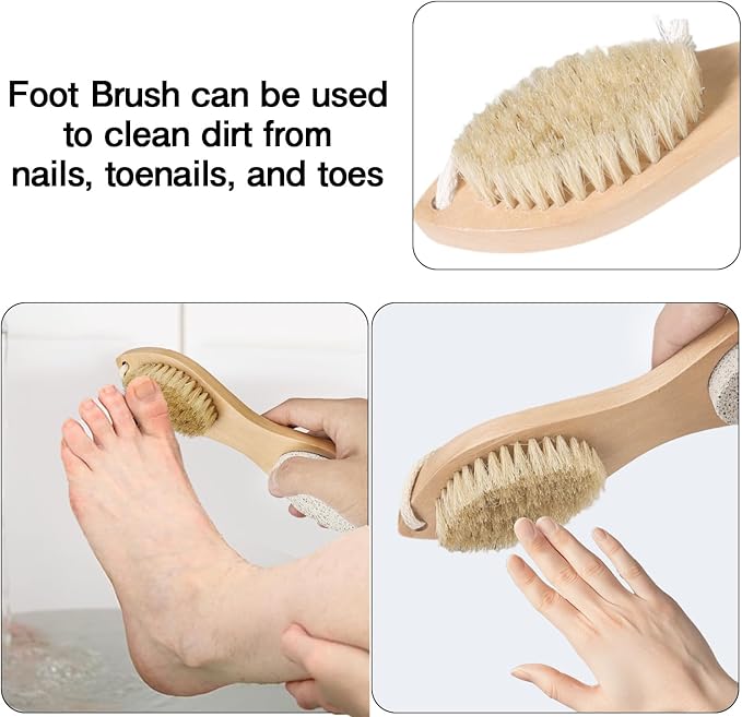 Pumice Stone Brush for Feet 4 in 1, Wooden Foot File Callus Remover, Foot Rasp and Sand Paper Pedicure Tools with Handle, Shower Foot Scrubber, Soft Smooth Feet for Home Foot Care