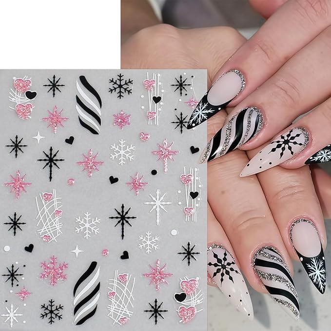 6 Sheets Christmas Nail Art Stickers Snowflake Christmas Tree Nail Decals with Pink Glitter Snowflake Xmas Tree Snowball Elk Snowmen Nail Design Black French Tips Nail Supplies Nail Decor for Women