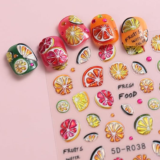2Sheets Summer Fruit Nail Art Stickers 5D Embossed Colorful Lemon Designs Nail Decals Self-Adhesive Cute Strawberry Cherry Nail Sticker Cute Flower Star Nail Decal for Women Nails Decor Accessories