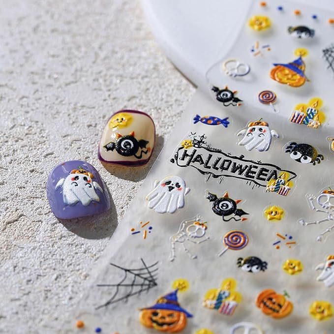 Halloween Nail Stickers Pumpkin Nail Decals Ghost Spider Design Manicure Art 5D Embossed Nails Decorations Holiday Self Adhesive Nails Supplies for Women