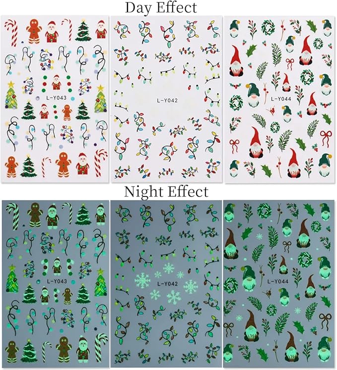 Christmas Nail Art Stickers Decals Glow in The Dark Colorful Light Christmas Nail Stickers 6PCS Gingerbread Man Snowflake Santa Claus Tree Self-Adhesive Luminous Xmas Nail Decals Supply for Women