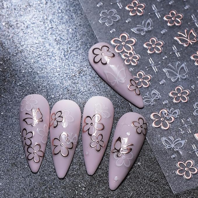 3 Sheets Colored Daisy Nail Art Stickers 3D Self-Adhesive Golden Hot Stamping Butterflies Design Spring Cherry Blossom Nail Decals for Women Girls Summer DIY Manicure Decoration