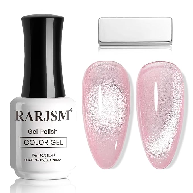 RARJSM Pink Cat Eye Gel Nail Polish with Magnet Stick Reflective Dazzling Nude Skin Color Sparkle Diamond Glitter Cateye Gelpolish 15ml Single Bottle Curing Requires Soak Off for Home Salon Manicure