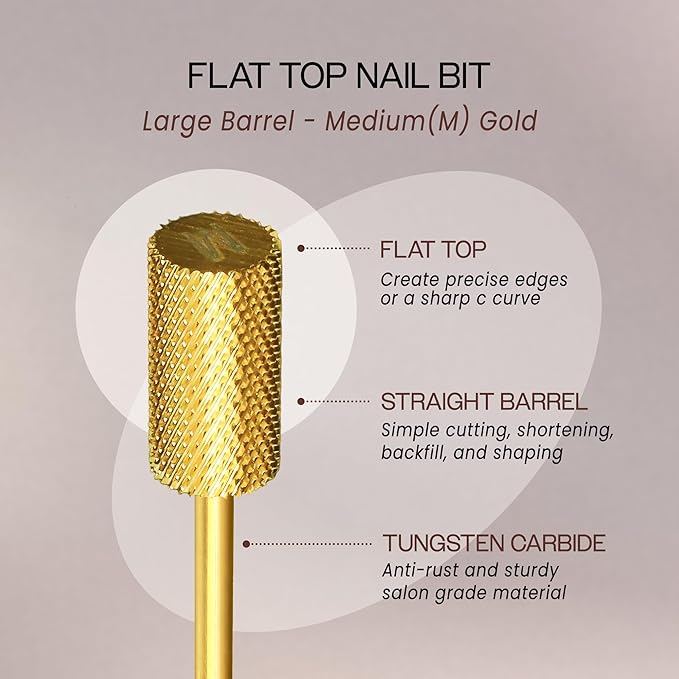 PANA Professional 3/32" Shank Size - Flat Top Large Barrel Gold Carbide Bit Medium Grit - Nail Drill Bit for Dremel Machine