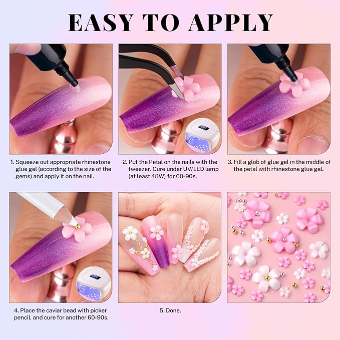 3D Flowers for Nails, Colorful Acrylic Flower Nail Charms with Caviar Beads, Rhinestones for Nails 3D Nail Charms for Acrylic Nails with Pickup & Dotting Tools for Manicure DIY Nail Art Decor