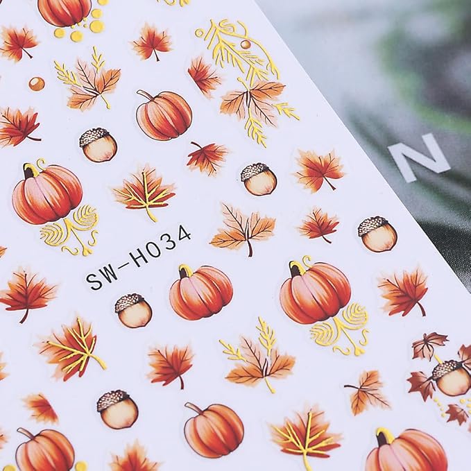 Pumpkin Nail Art Stickers Fall Maple Leaf Nail Decals 6PCS Maple Leaves Pumpkin Nails Design 3D Self-Adhesive Nail Art Supplies Fall Stickers for Nails Thanksgiving Day Women DIY Manicure Decorations