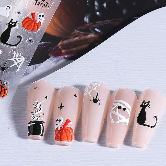 Halloween Nail Art Stickers, Cute Ghost Nail Art Decals 3D Self-Adhesive Skull Pumpkin Black Cat Flower Nail Design 4Pcs Halloween Nail Art Supplies for Women Nail Decoration