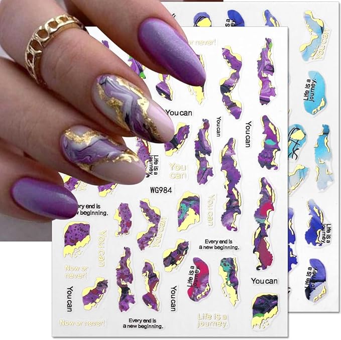 3D Marble Nail Stickers - 6 Color Marble Decals, Blooming Nail Art, Bronzing & Watercolor Smudge Resistant, Self-Adhesive Gold Foil Designs