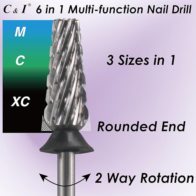 C & I Nail Drill Bit 6 in 1 Multi-Function Rounded End E File, Tungsten Steel CNC Overall Cutting, Manicure Tool for Nail Tech Quick Remove Nail Gels, Acrylic Nails (Original, Extra Coarse -XC)